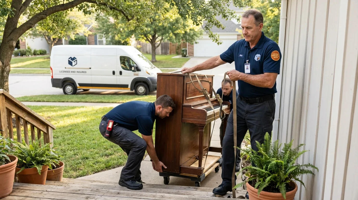 Licensed piano movers securing grand piano in Dumas, AR