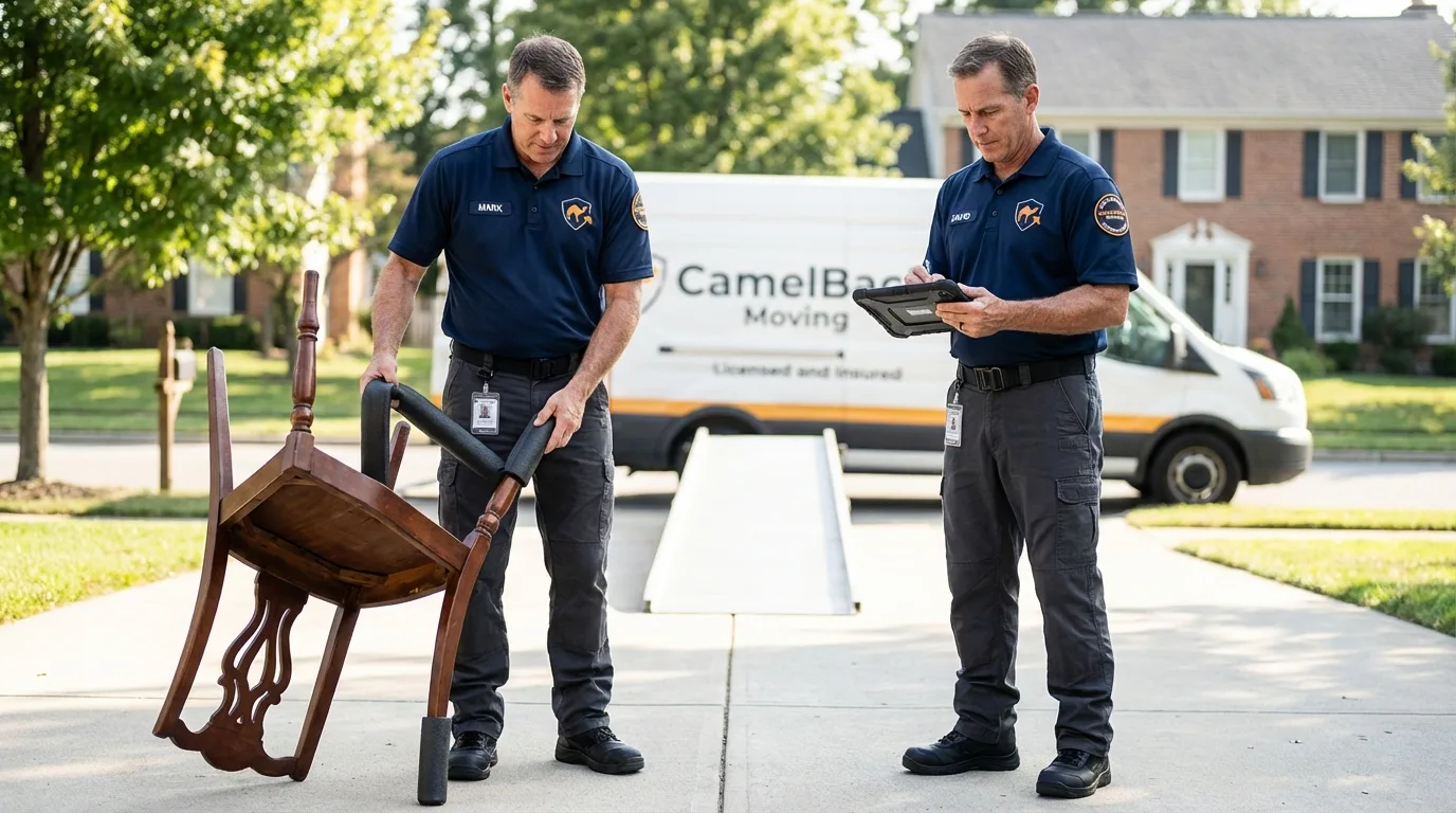 Movers inspecting furniture for damage prevention before loading in Dumas, AR